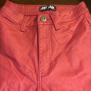Red leather high waist skinny jeans